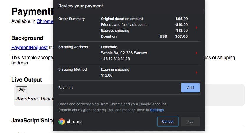 Payment Request UI in Google Chrome