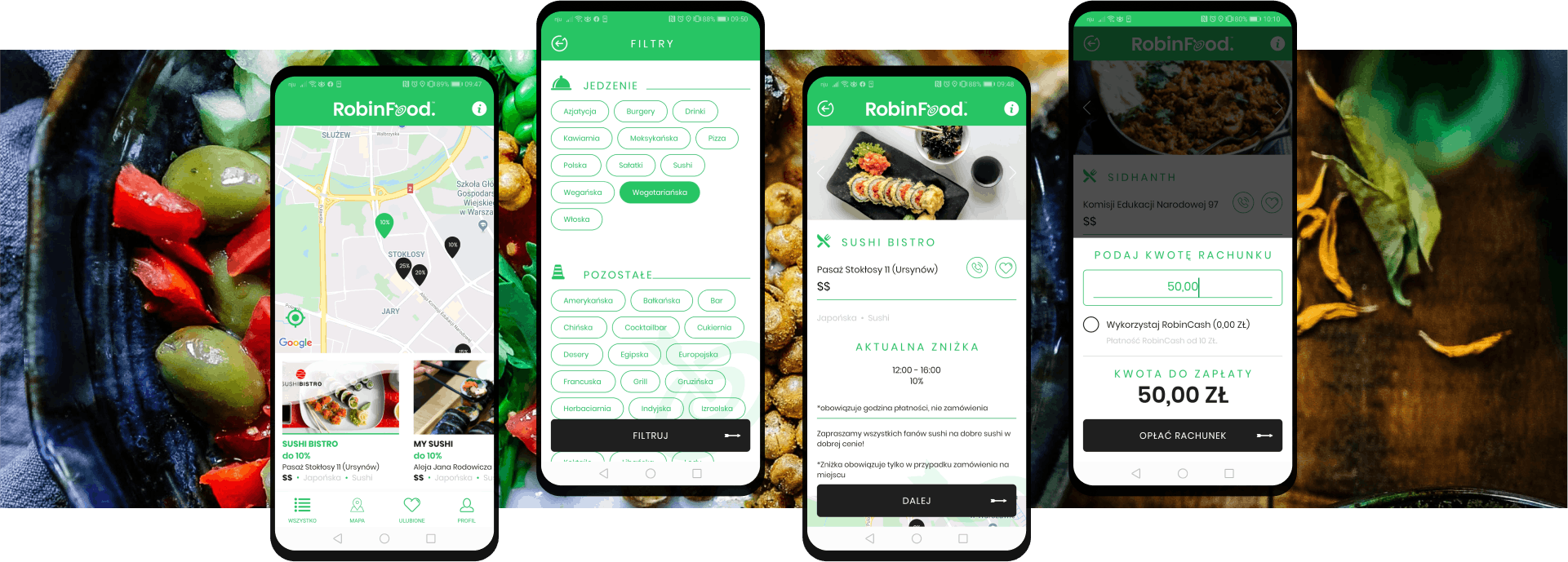 Graphic showing feautures of RobinFood mobile app
